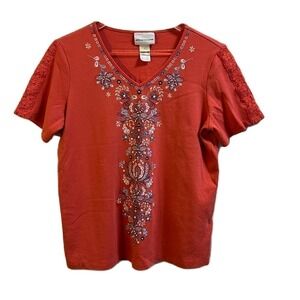 Alfred Dunner V-Neck Short-Sleeve T-Shirt Red Medium